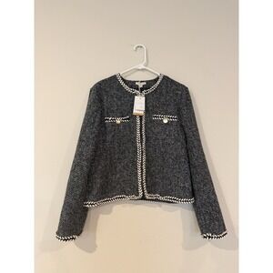 NWT Nice And Chic Tweed Jacket/Blazer Navy With White Braided Trim Size Large